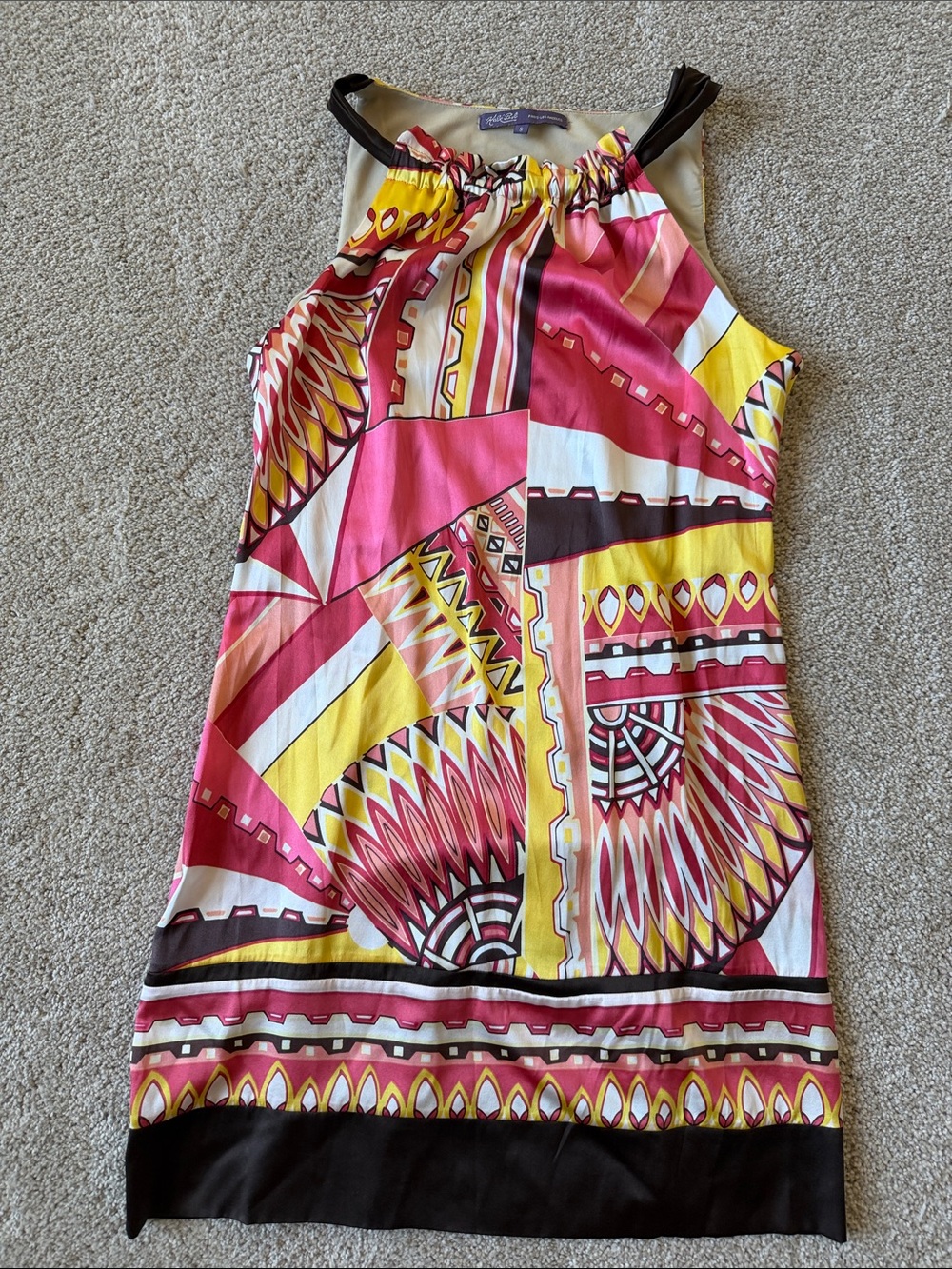 Hale Bob Silk Pink Yellow Multicolor Geometric Halter Dress